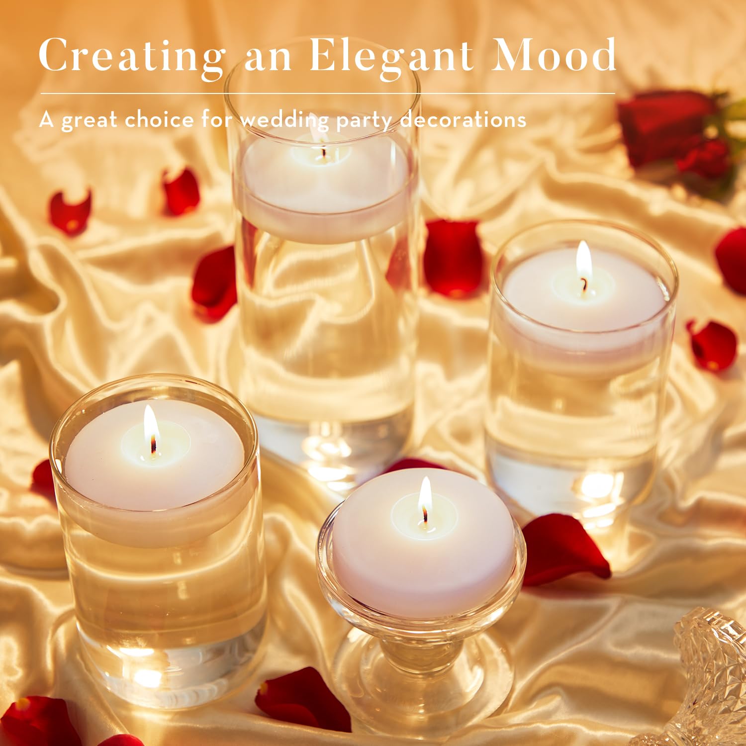 Ashlux floating candles arranged on wedding table adding elegant soft lighting