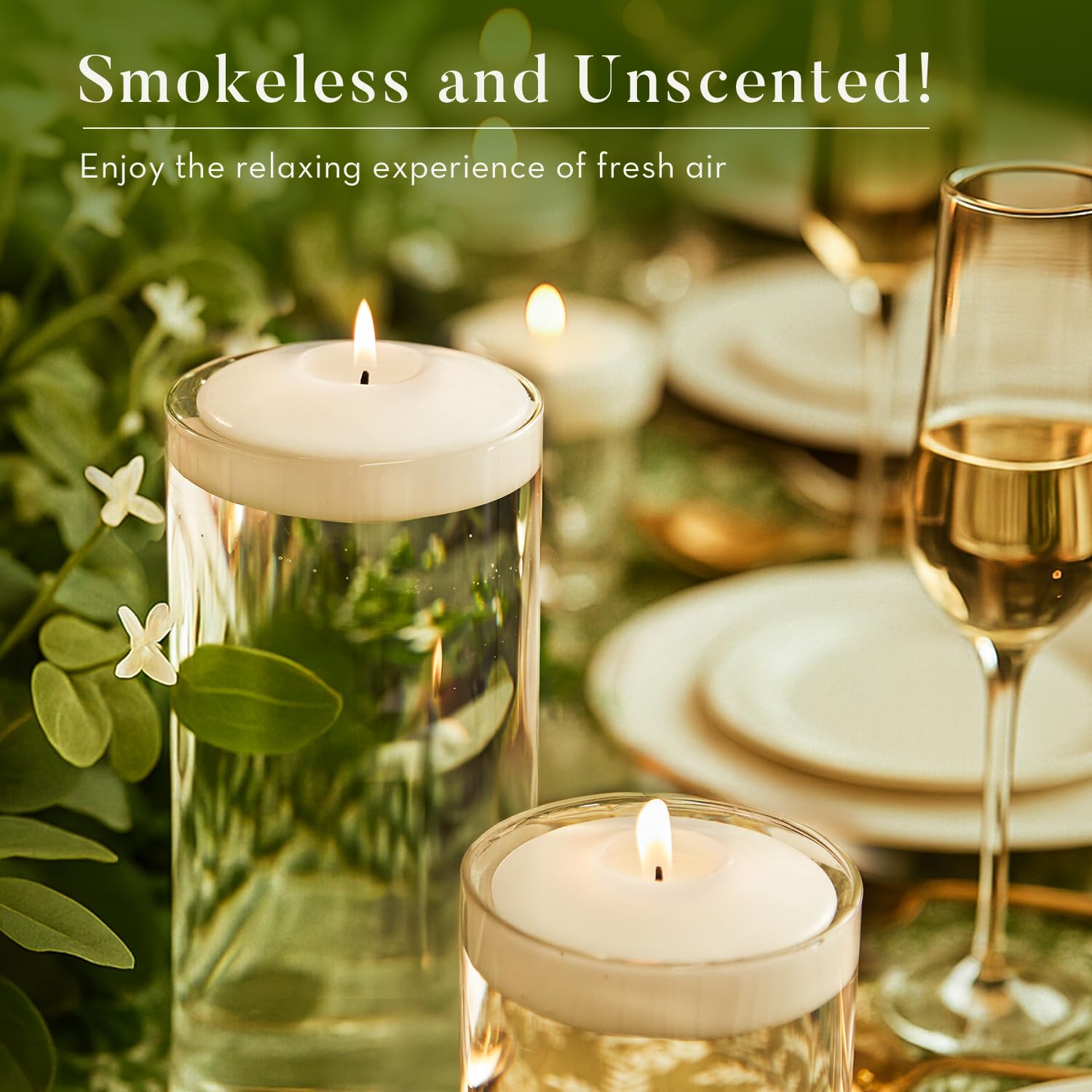 Ashlux candles floating in glass bowl creating calm ambiance for centerpieces