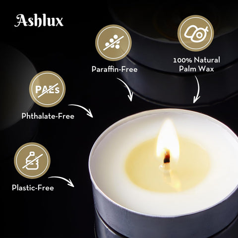 Ashlux tea lights seated in metal cup displaying steady flame and stable burn