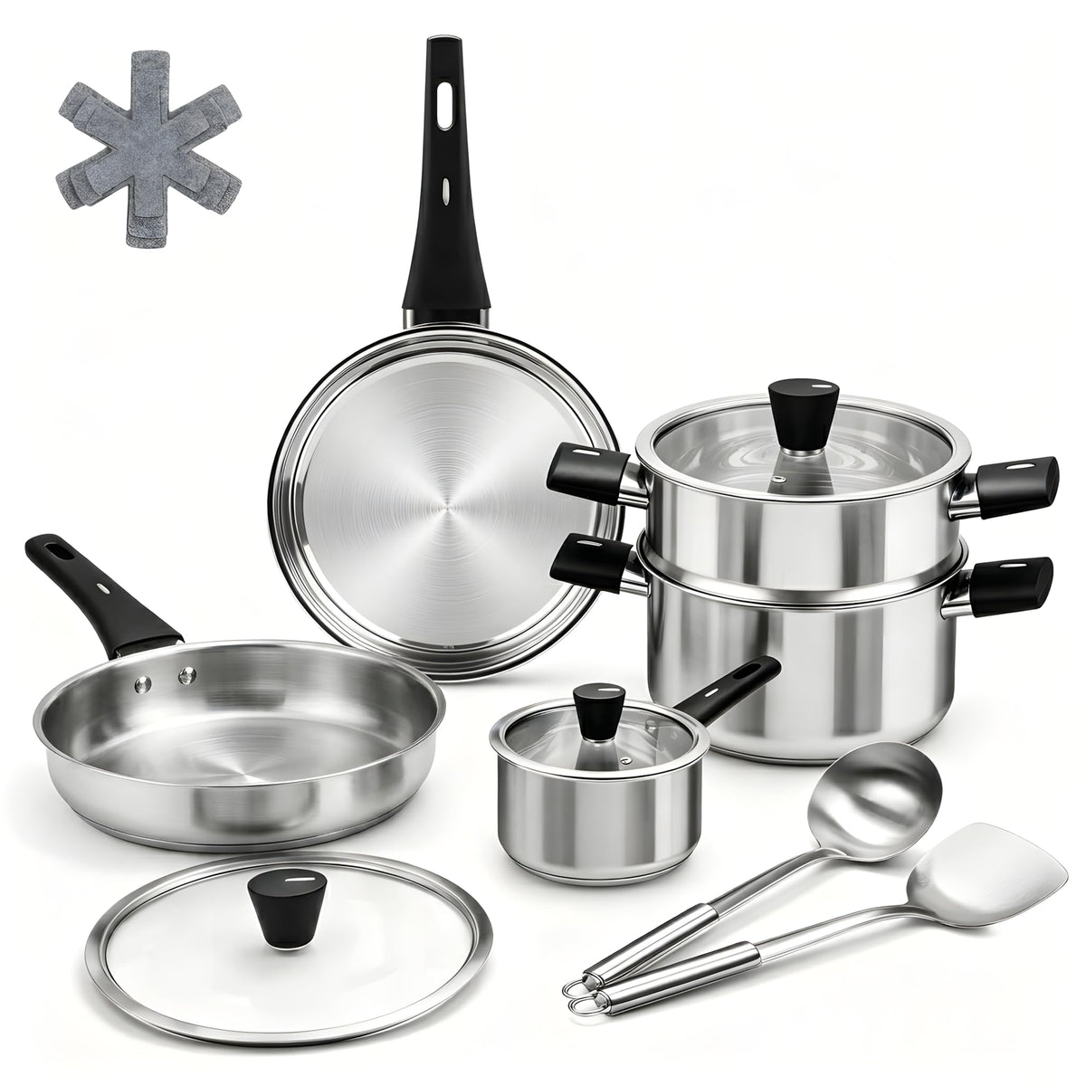 ASKSCICI front view full set showing all pieces and organized layout for versatile cooking