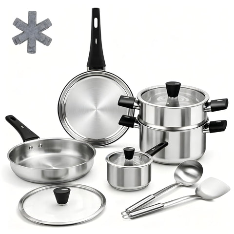 ASKSCICI front view full set showing all pieces and organized layout for versatile cooking