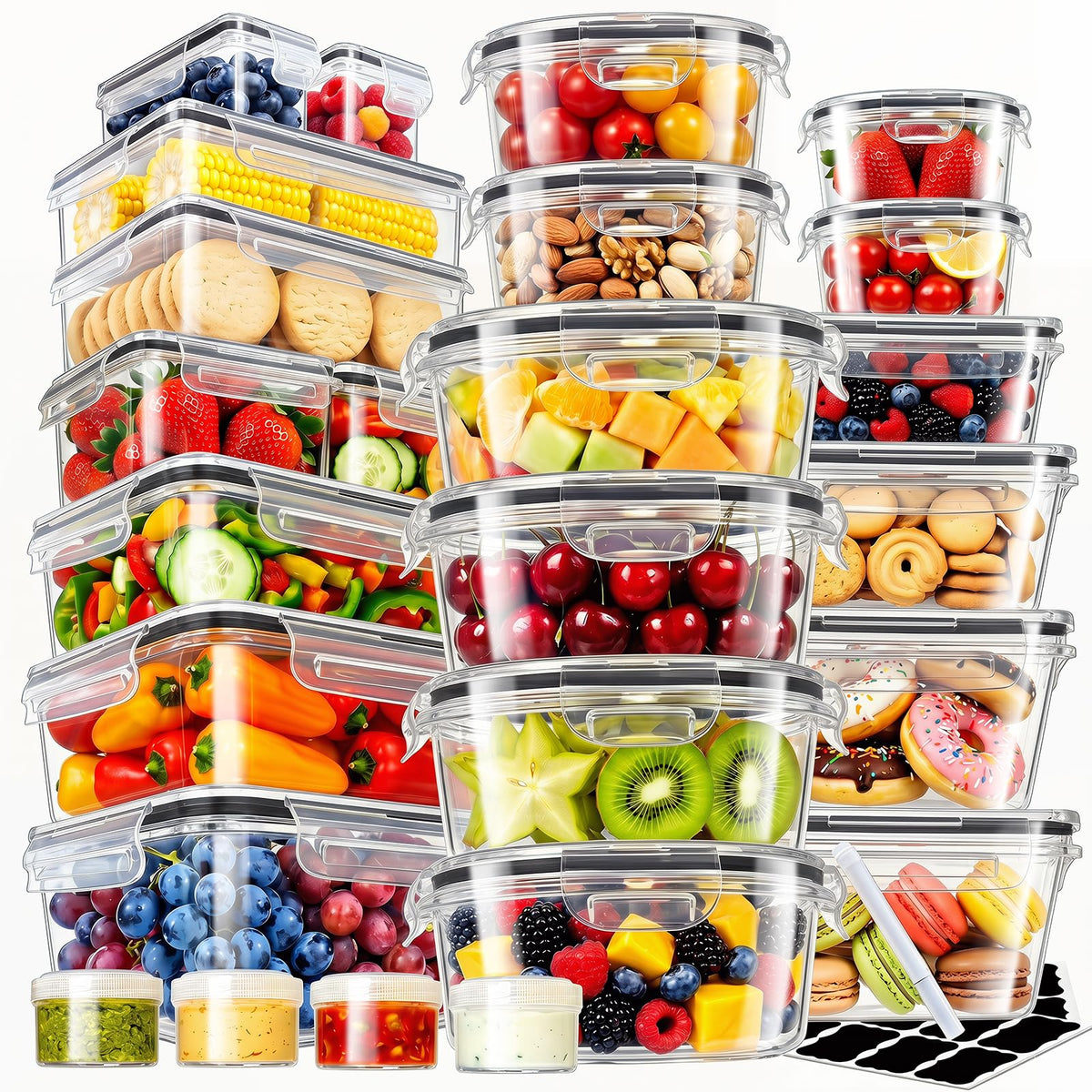 Asnews front packaging showing full 50-piece set and included labels for organized storage