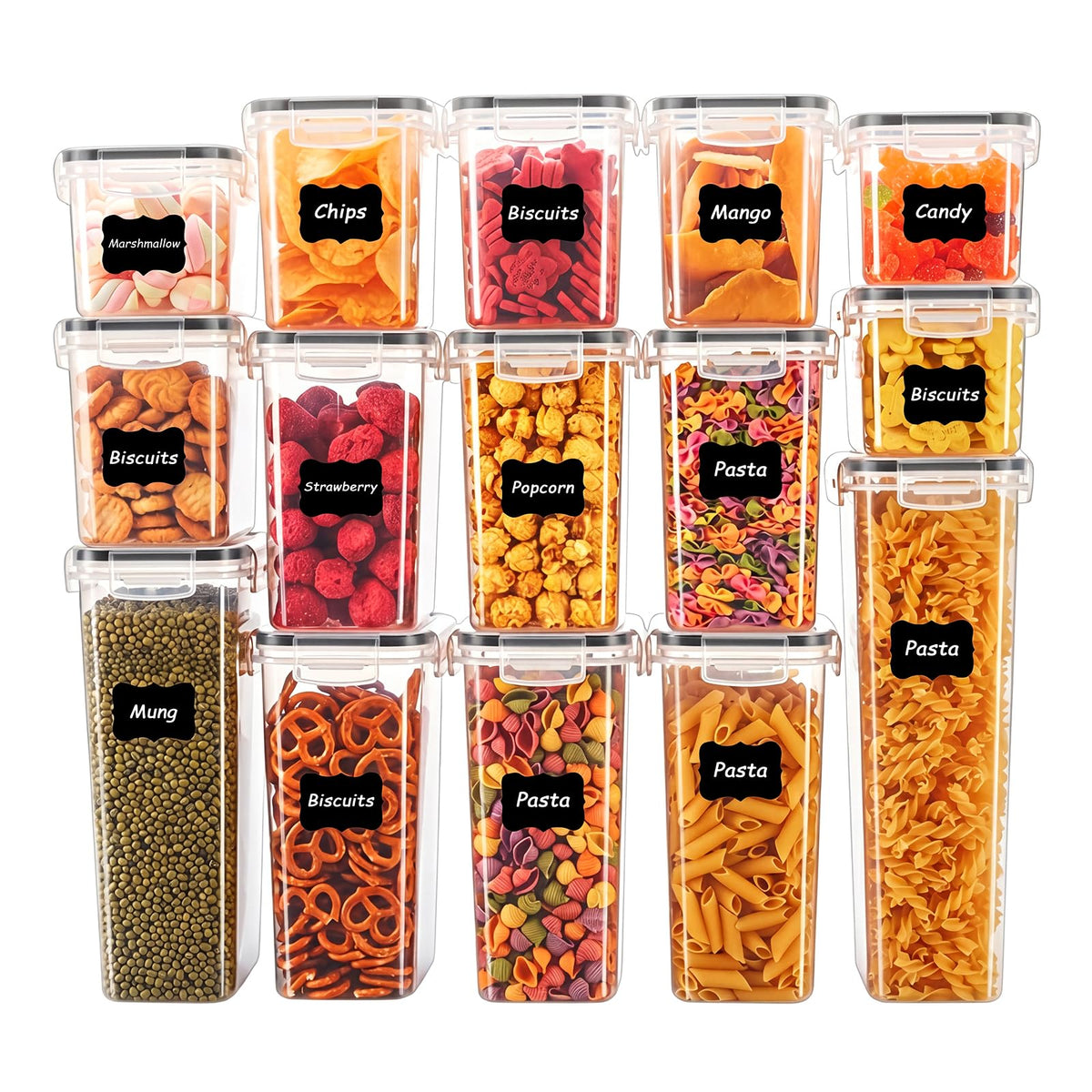 Asnews front packaging showing full 15-piece set and included accessories for organized pantry