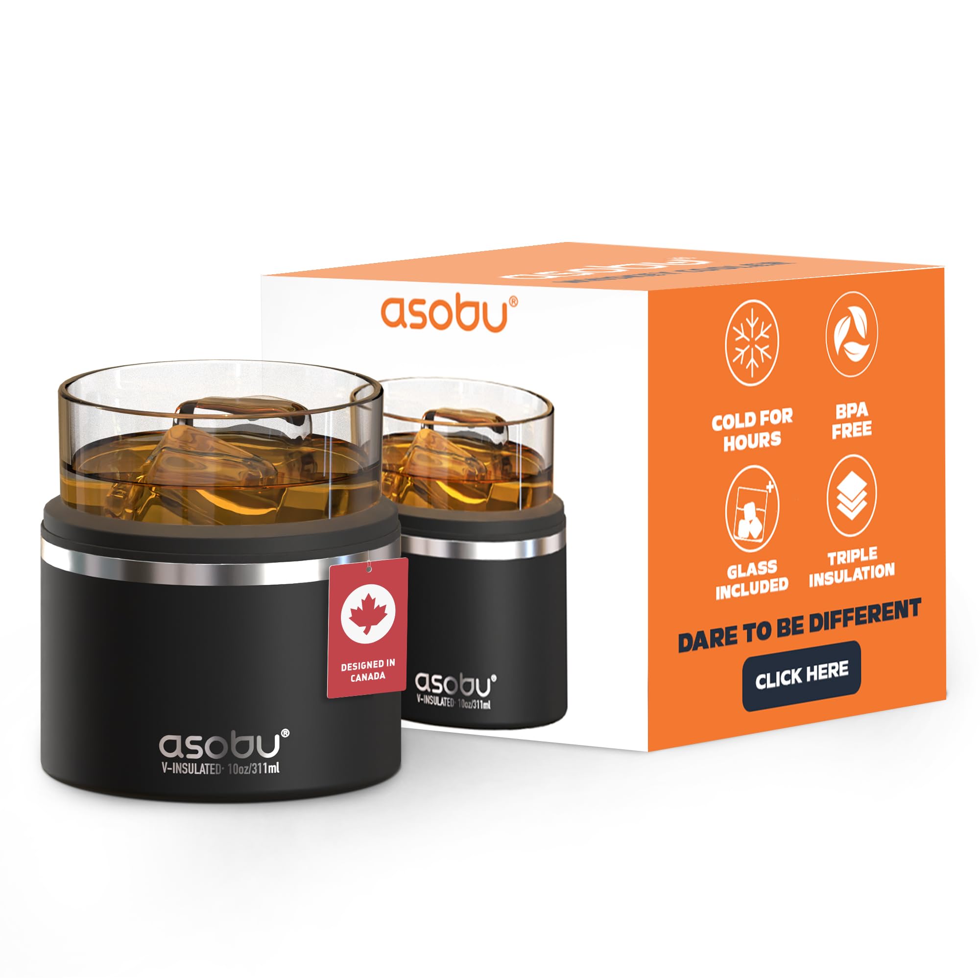 asobu front view of whiskey sleeve glass showing sleek profile and cold retention