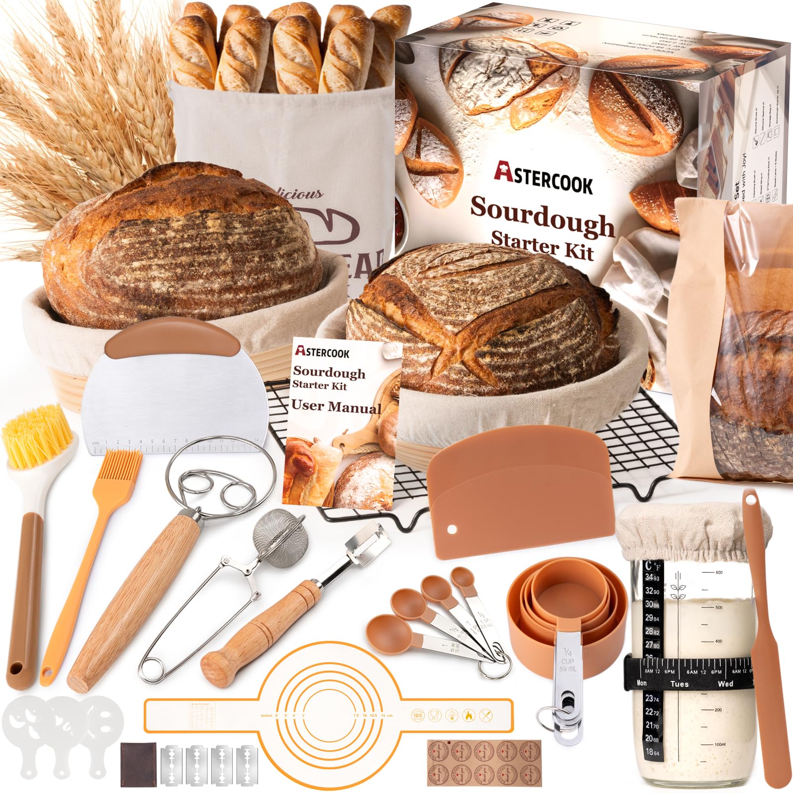 Astercook bannetons front packaging showing included baskets and box benefits consistent proofing