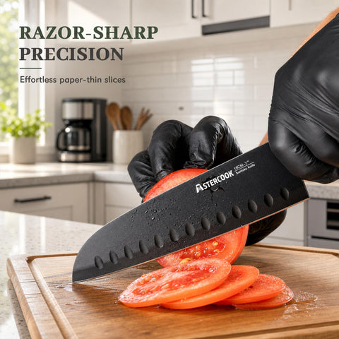 Astercook arranged blade guards protecting each knife and enabling compact, safe storage