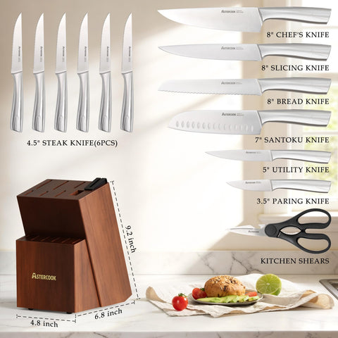 Astercook wood block and knives arranged to highlight compact countertop appeal
