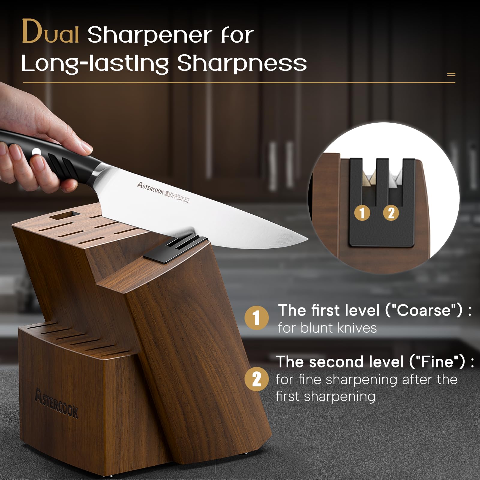 Astercook wooden block top with built-in dual sharpener for quick blade maintenance