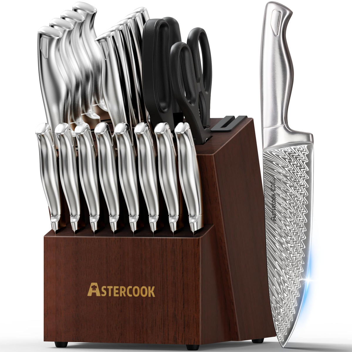 Astercook knife block front view showing full set for organized storage and quick access