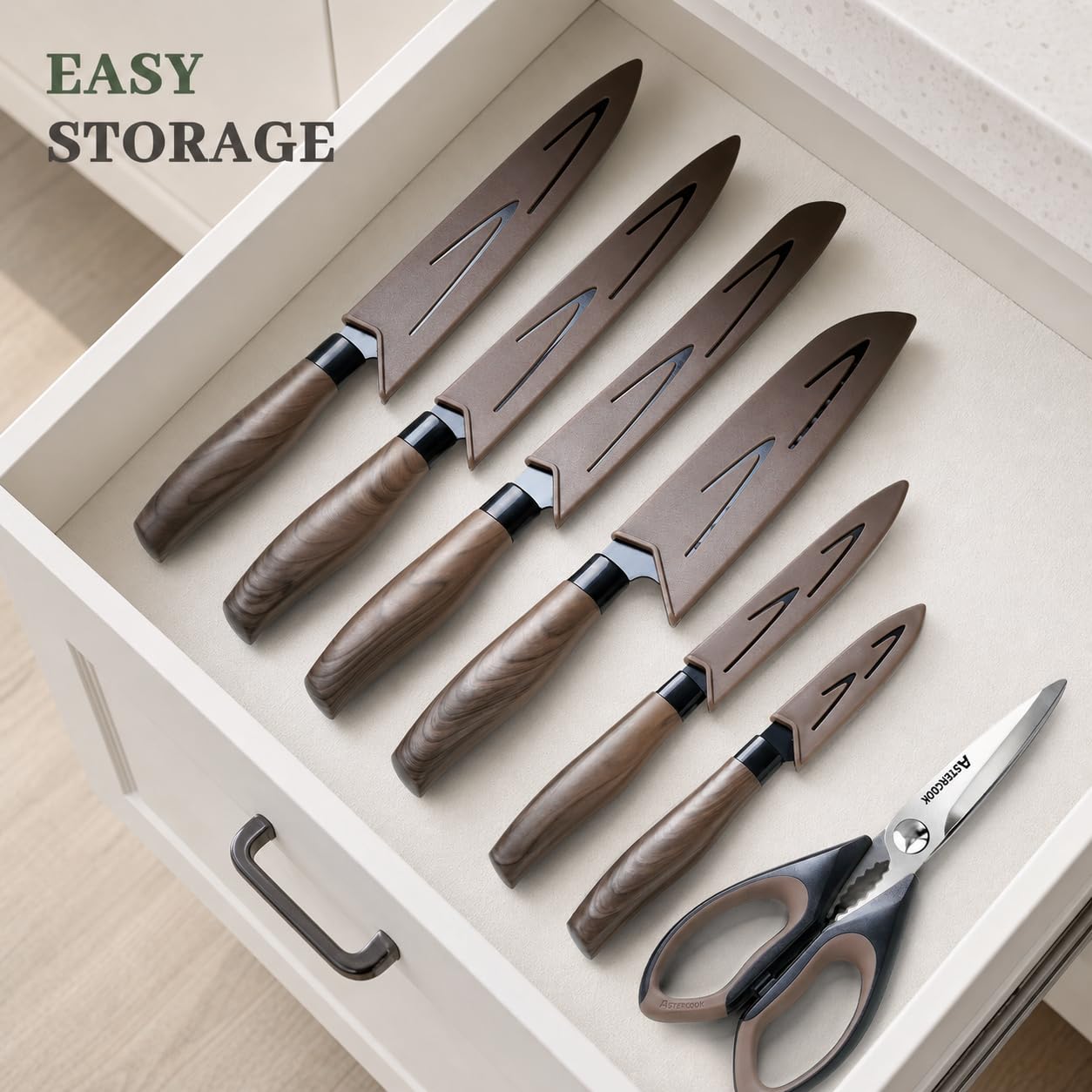 Astercook serrated bread knife slicing loaf to show clean cuts and reduced crumbing
