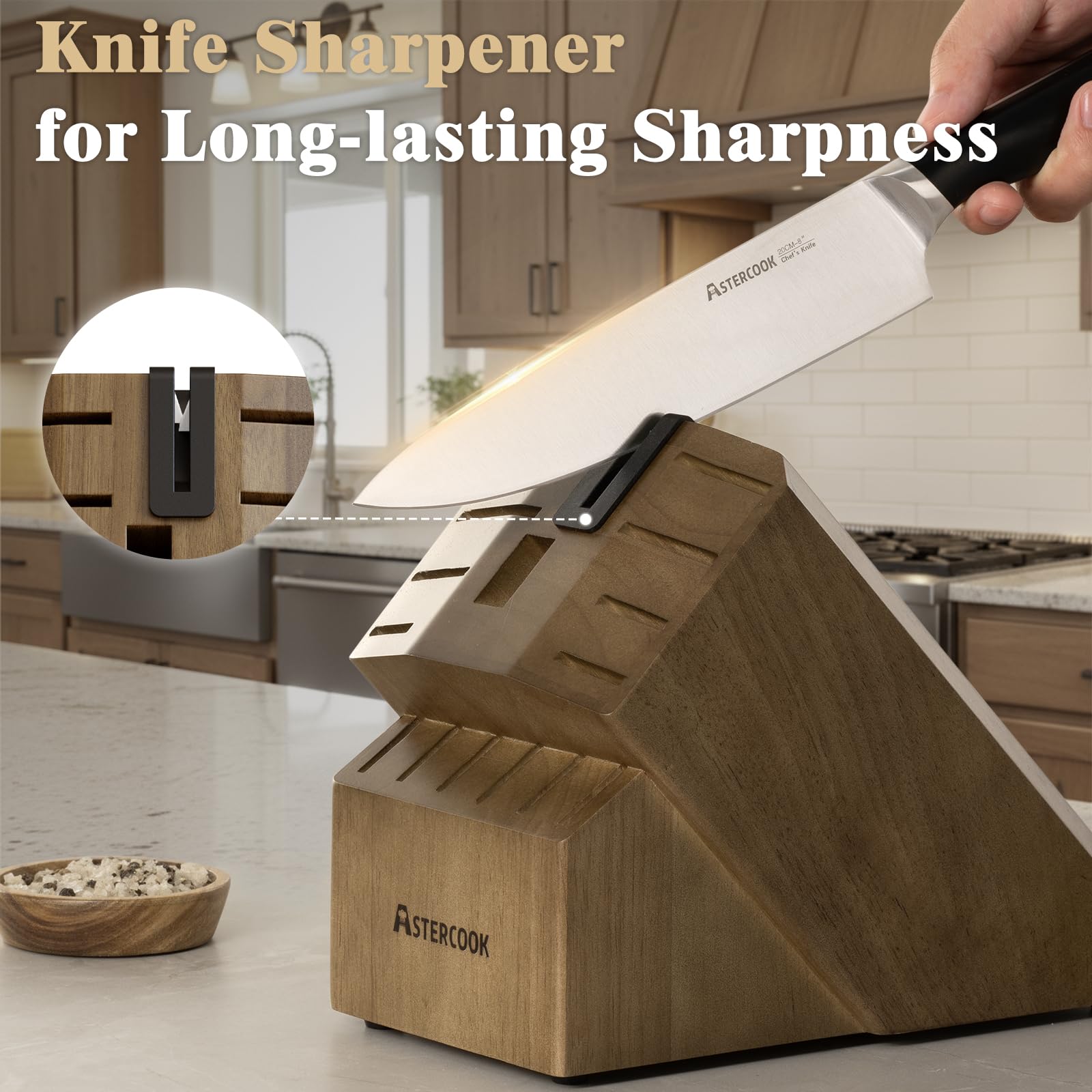 Astercook built-in sharpener close-up demonstrating quick edge maintenance