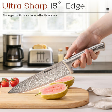 Astercook close-up of chef knife edge showing sharp German steel for precise cuts