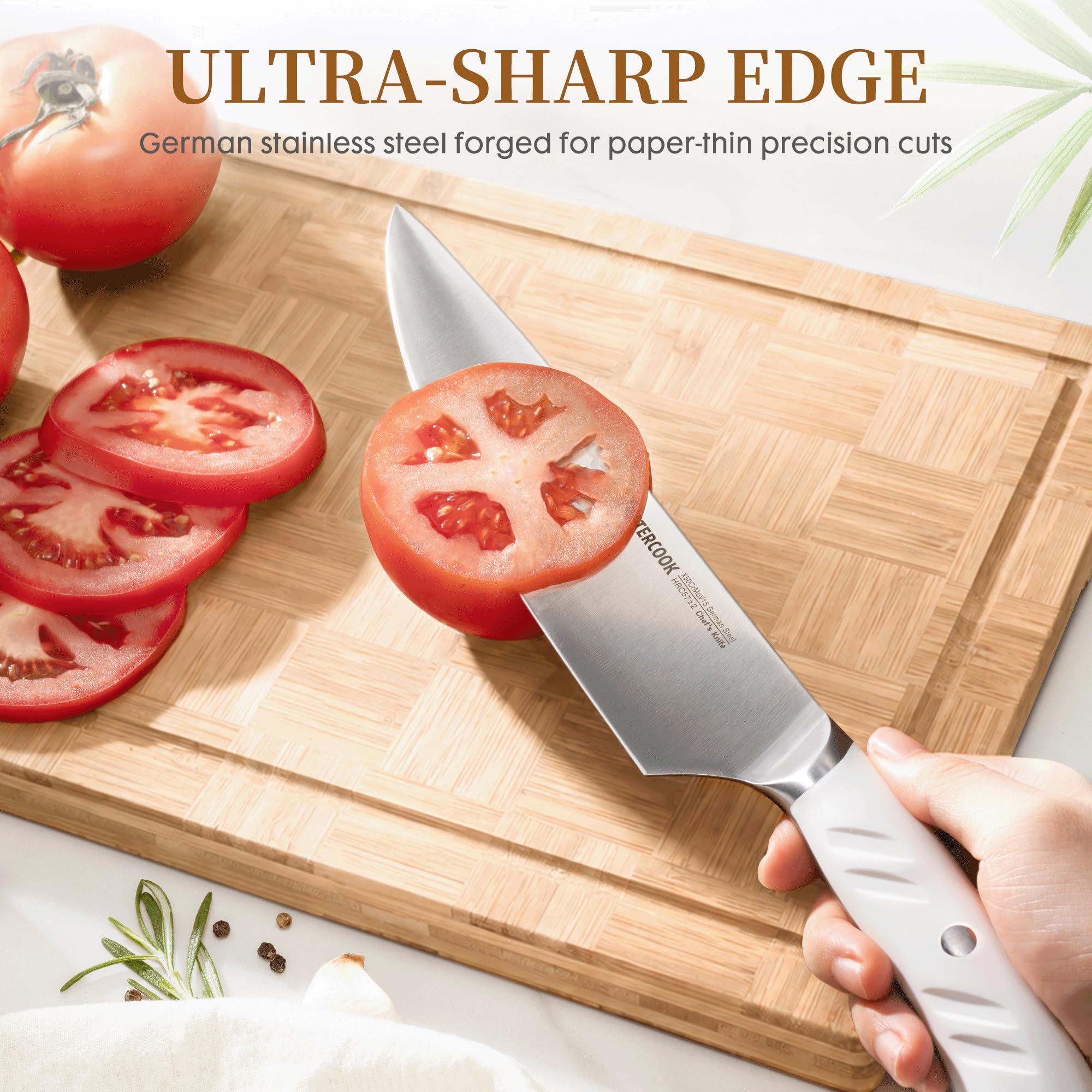 Astercook chef knife close-up edge highlighting sharp German stainless steel performance