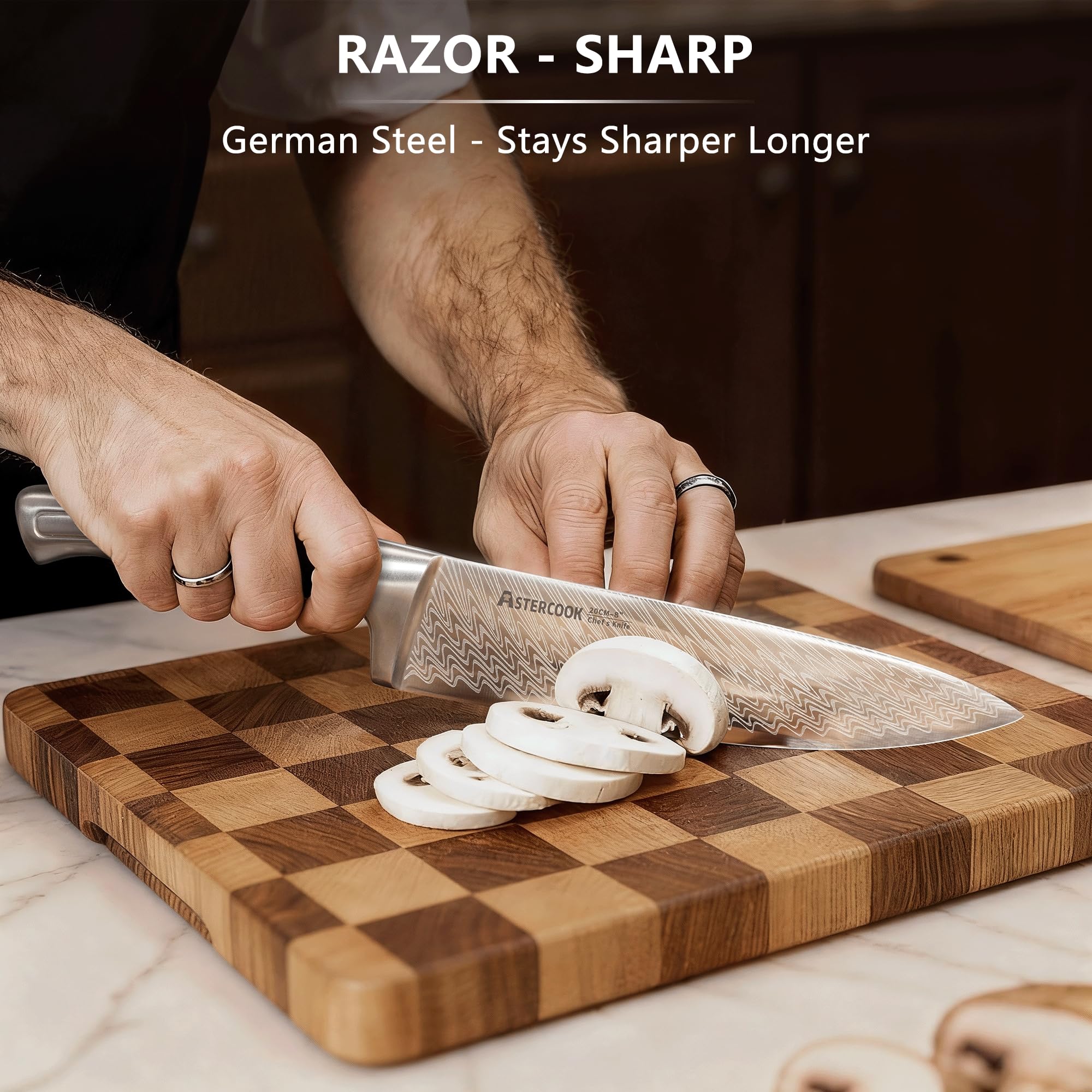 Astercook chef knife close-up highlighting German steel blade for precise effortless cuts
