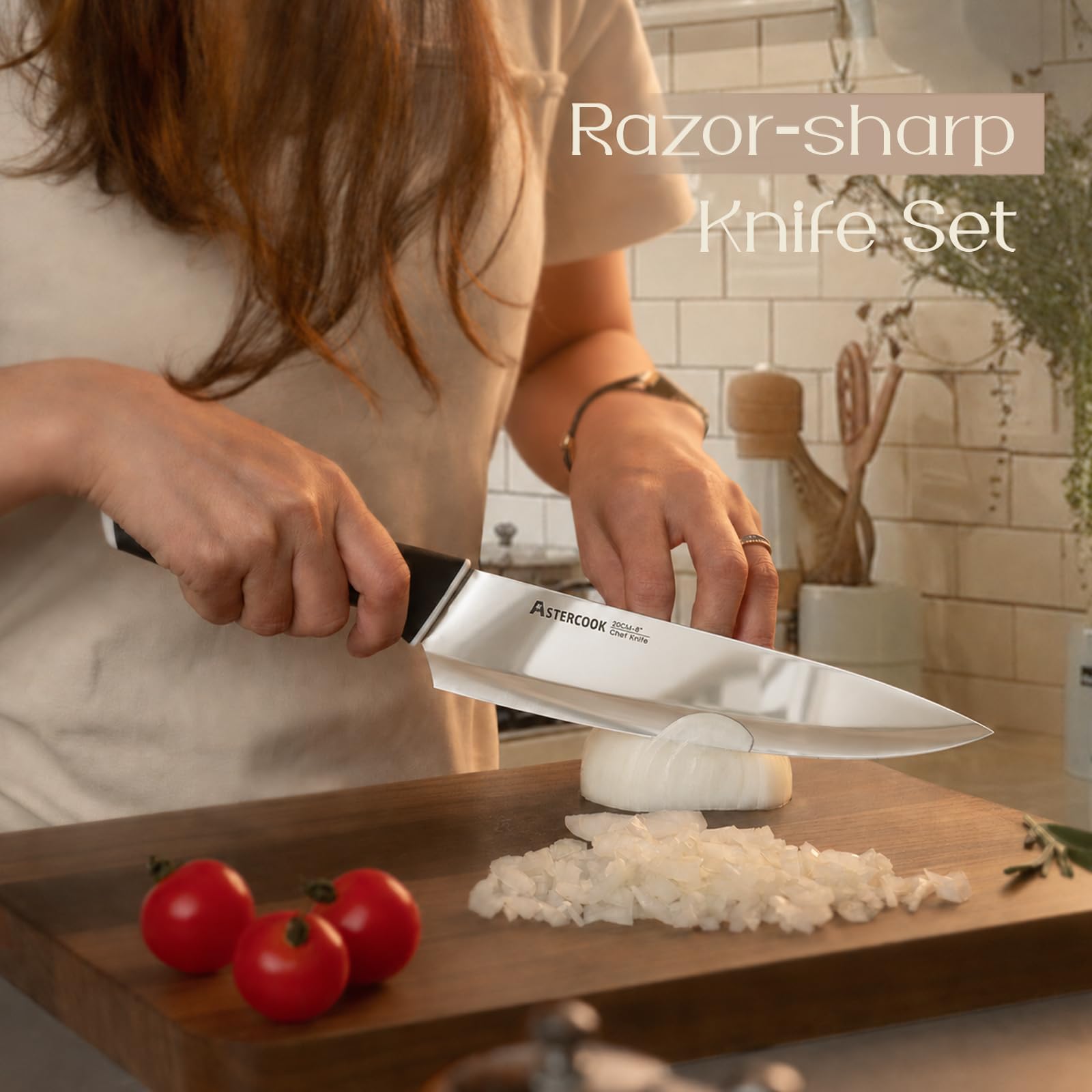 Astercook chef knife blade close-up, sharp German steel for precise cuts