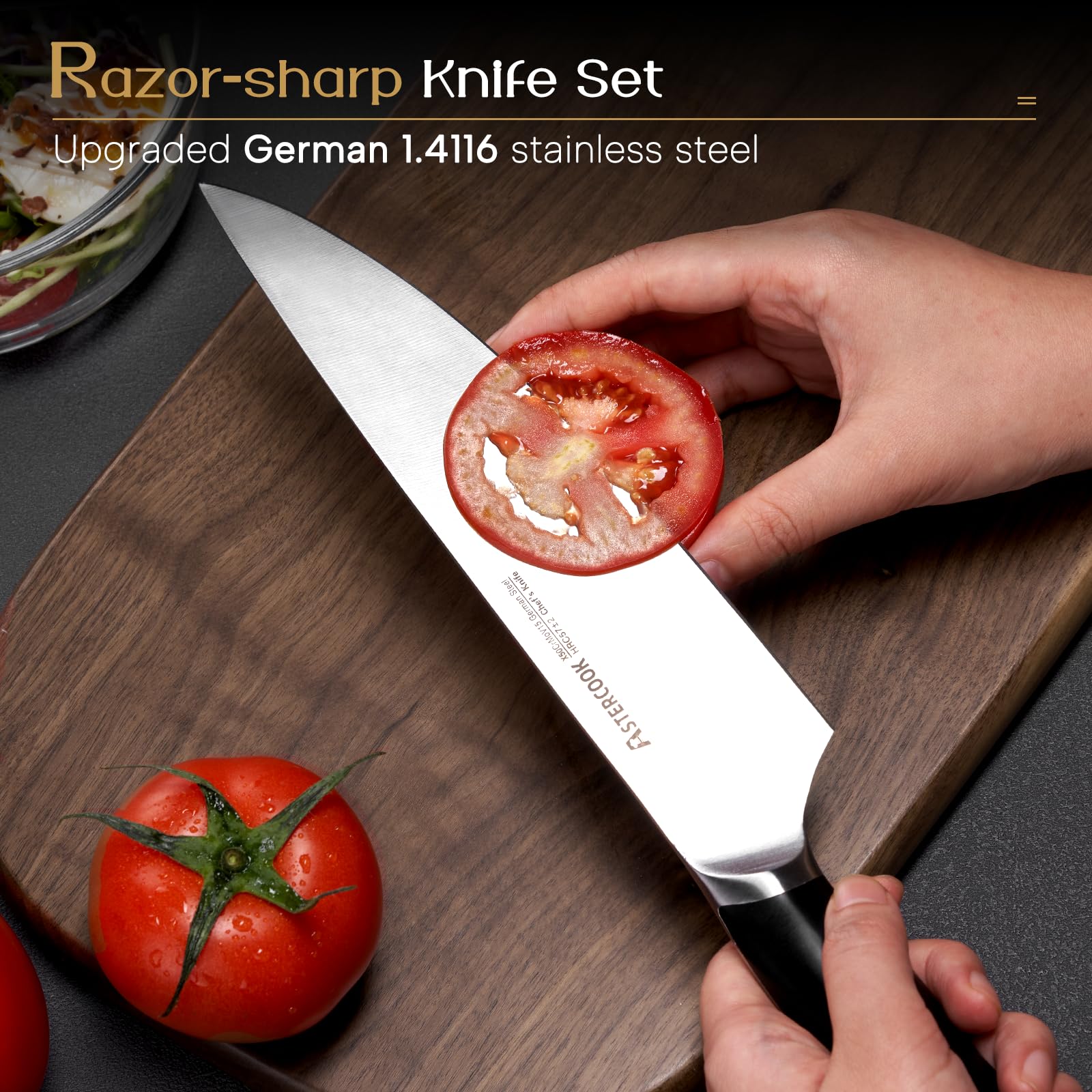 Astercook close-up of chef knife blade edge showing sharp German steel precision