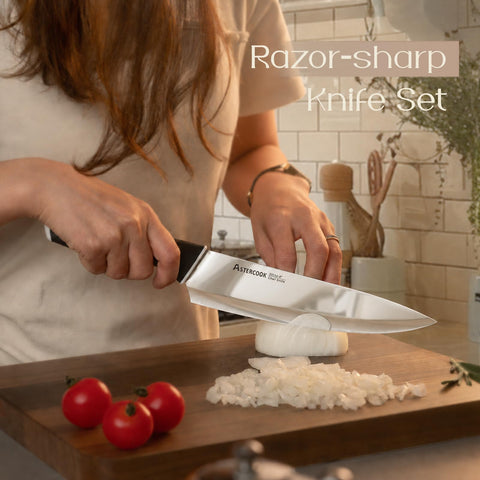 Astercook chef knife blade close-up, sharp German steel for precise cuts