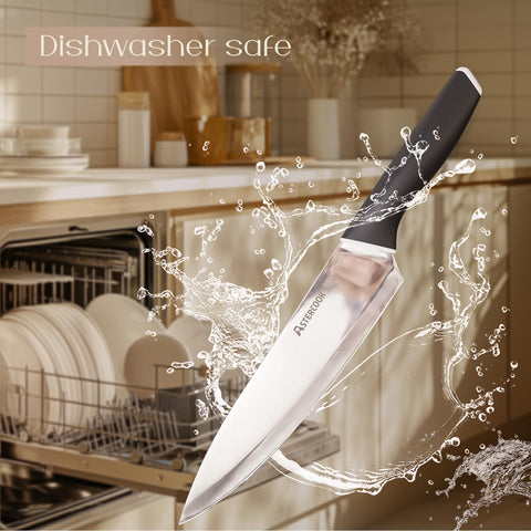 Astercook knife set styled on countertop, elegant storage and organized kitchen