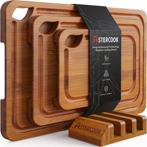 Astercook front view of three-piece bamboo set showing packaging and benefits