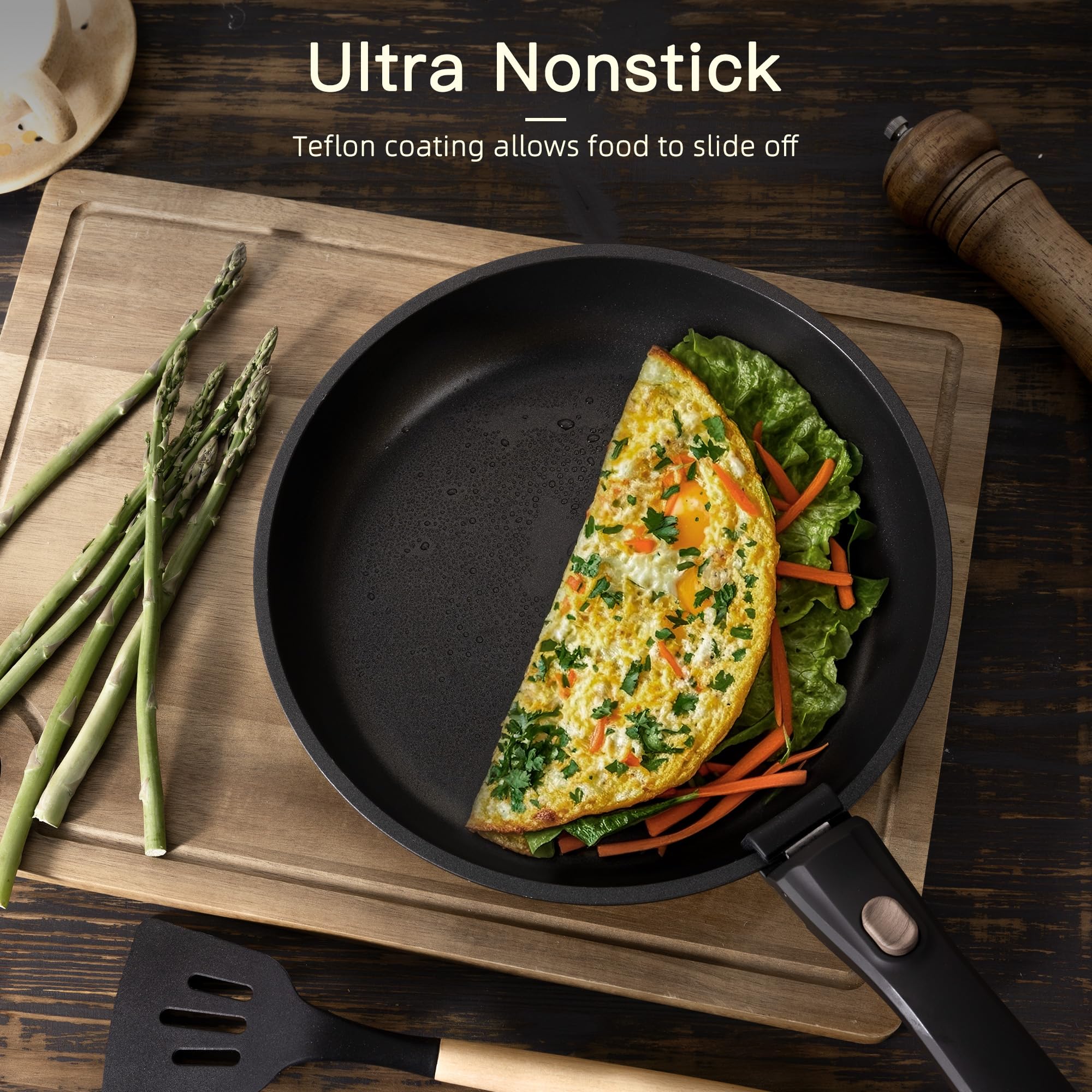 Astercook removable handle locked on pan showing secure, stable grip