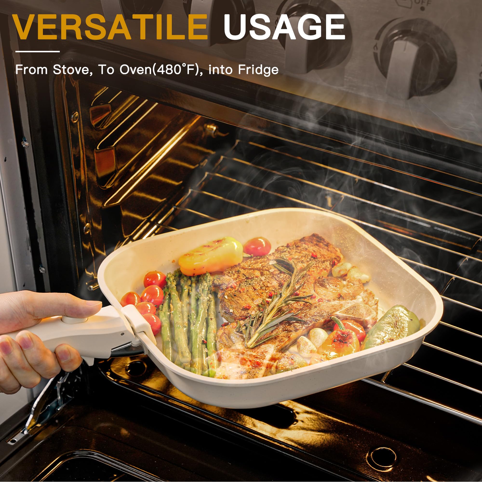 Astercook removable handle locking mechanism demonstrating secure grip while cooking