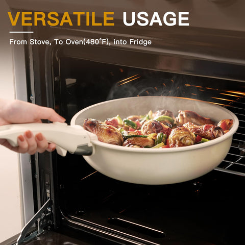 Astercook handle detached with stacked cookware illustrating compact storage advantage