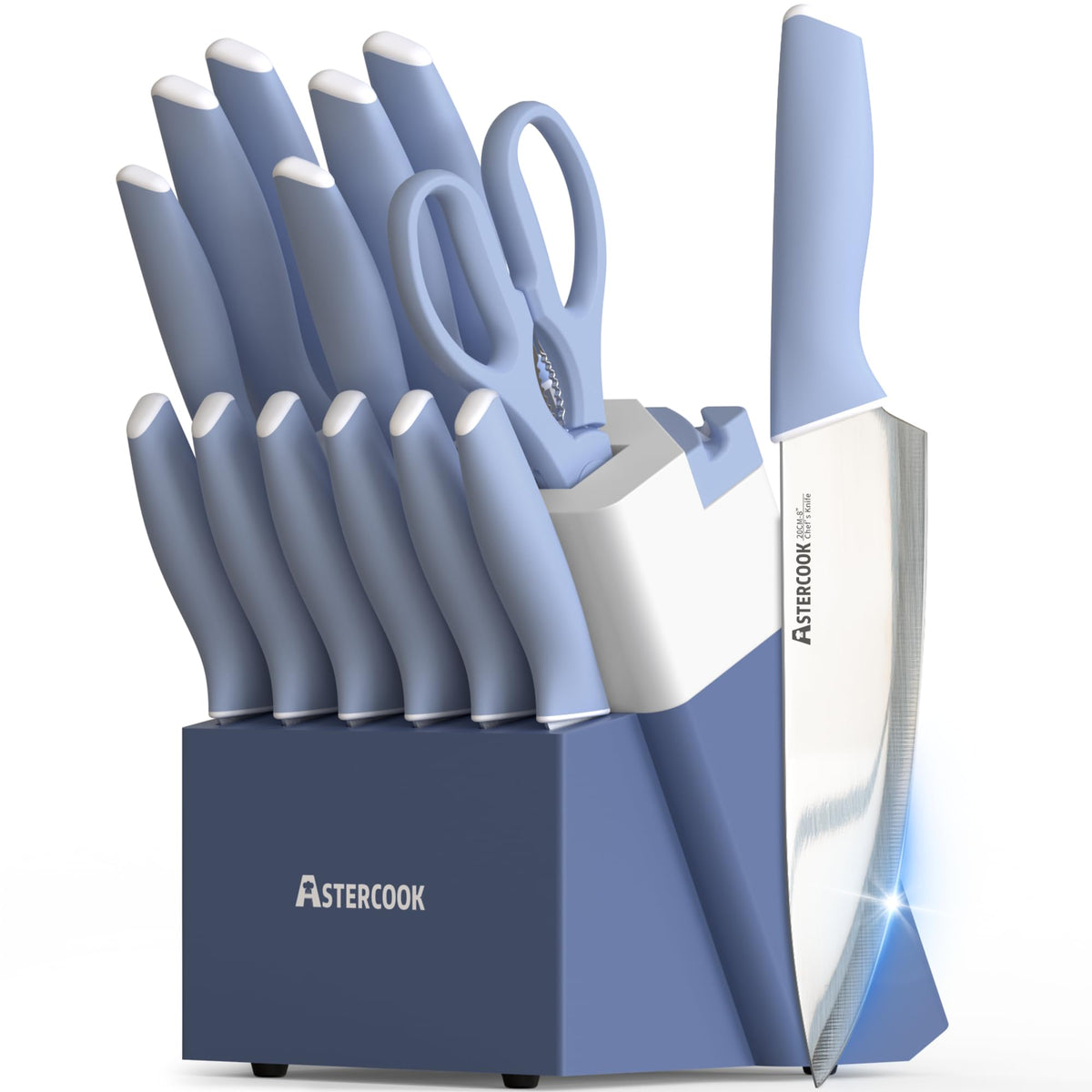 Astercook front view of knife block set showing full collection and sharpener benefit