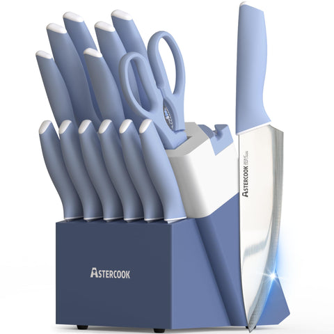 Astercook front view of knife block set showing full collection and sharpener benefit