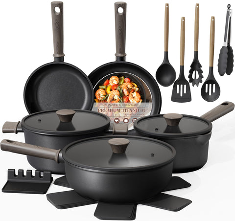 Astercook cookware set front display showing full 19-piece collection and benefits