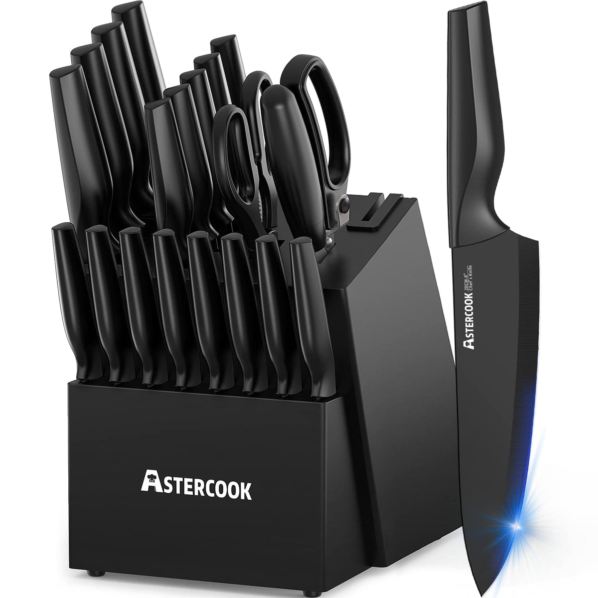 Astercook front view of knife block set showing complete storage and quick access benefit