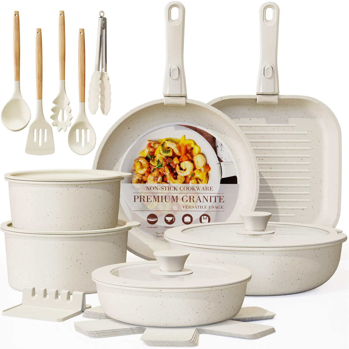 Astercook cream cookware set front view showing complete pieces and space-saving design