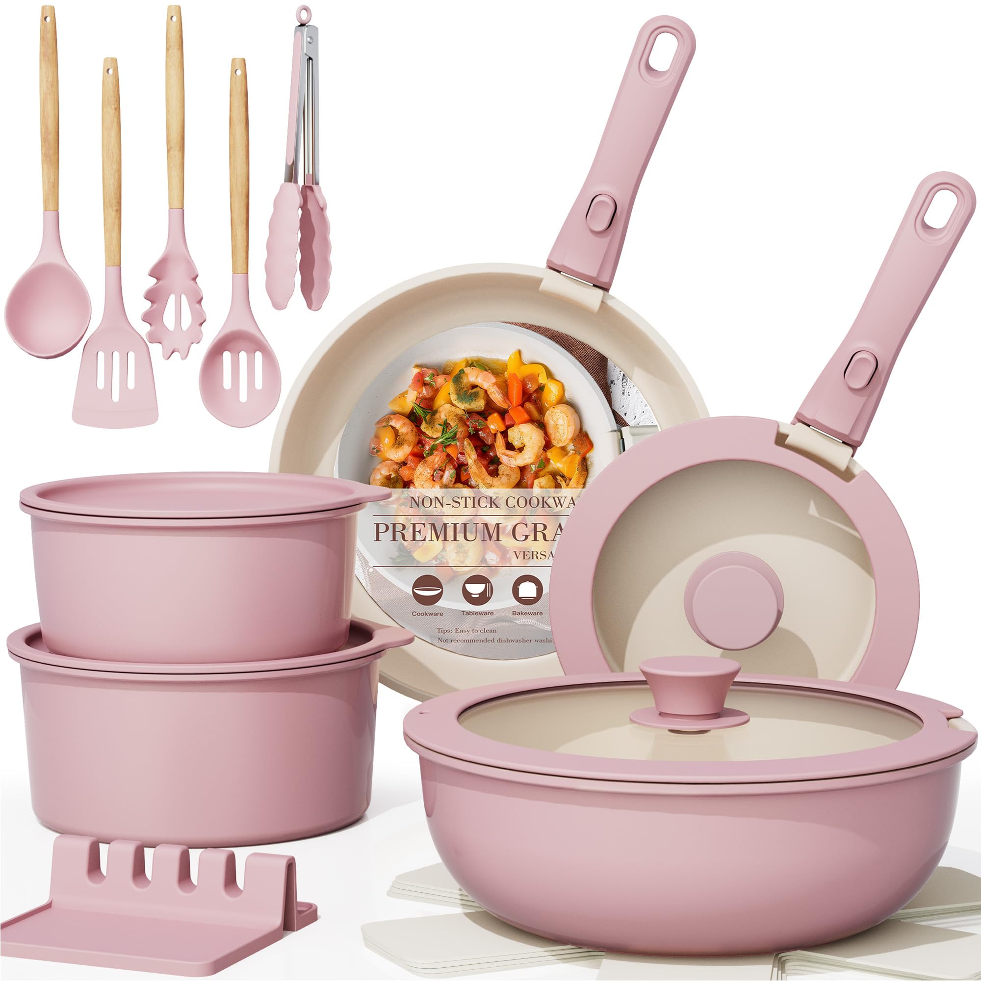 Astercook front view of pink 21-piece set showing complete stacked collection and space saving
