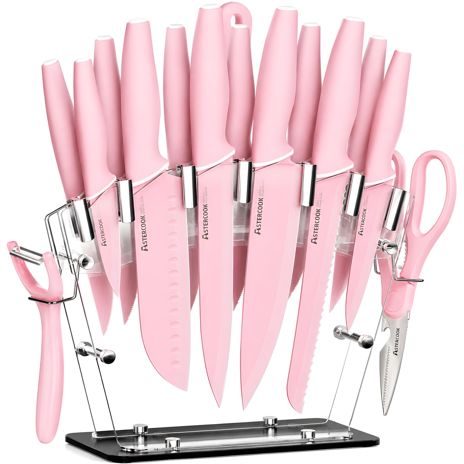 Astercook front packaging showing full 22-piece pink set and benefits