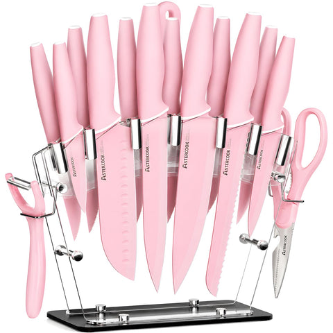 Astercook front packaging showing full 22-piece pink set and benefits
