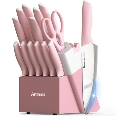 Astercook front view showing knife block and full 15-piece set, neat countertop display