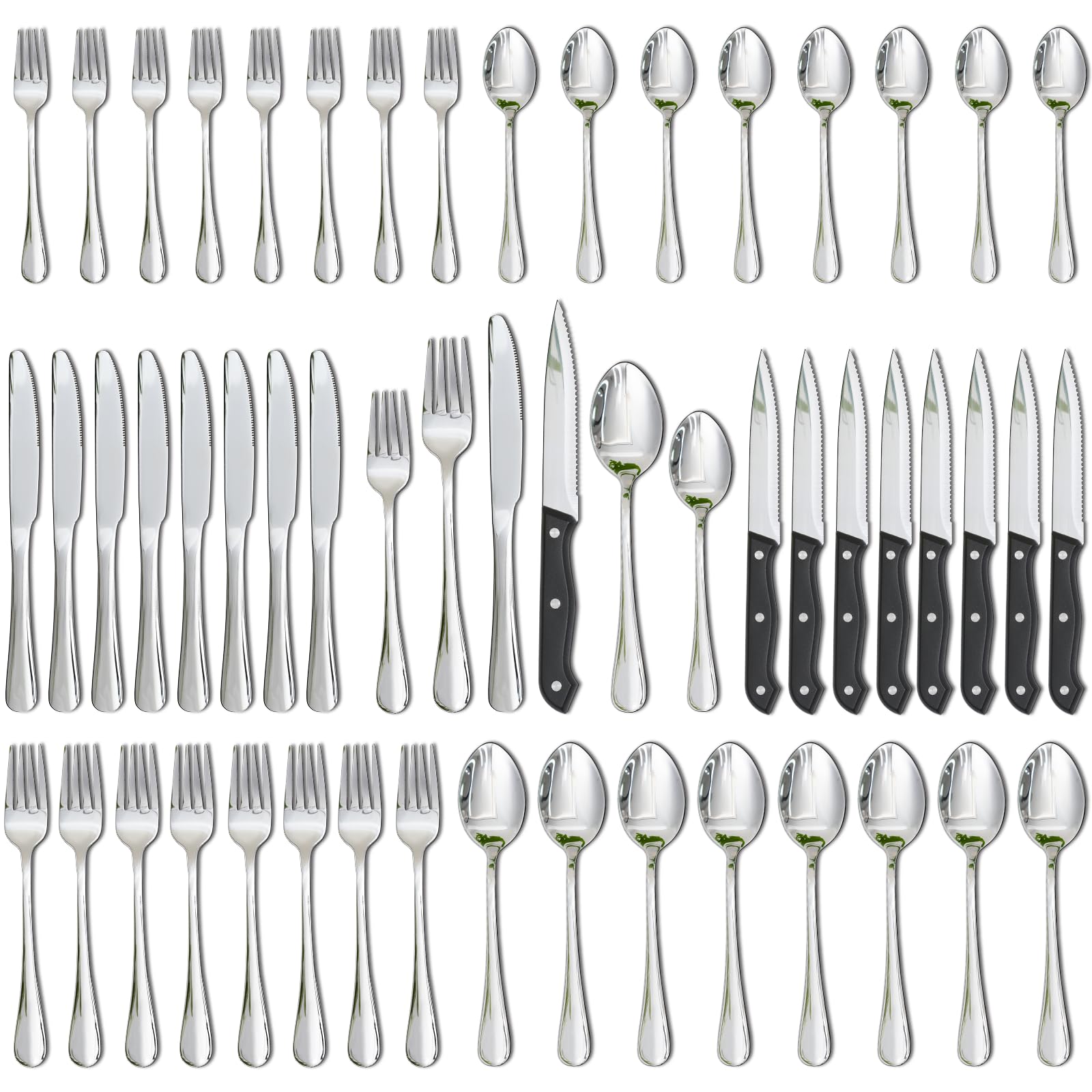 Astercook full 48-piece set front view showing matching polished utensils and cohesive table look