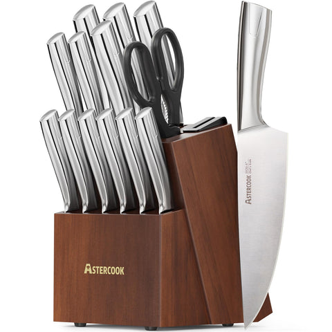 Astercook full set front view showing all knives and block for organized storage