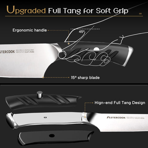 Astercook full-tang handle detail highlighting ergonomic grip and balanced control