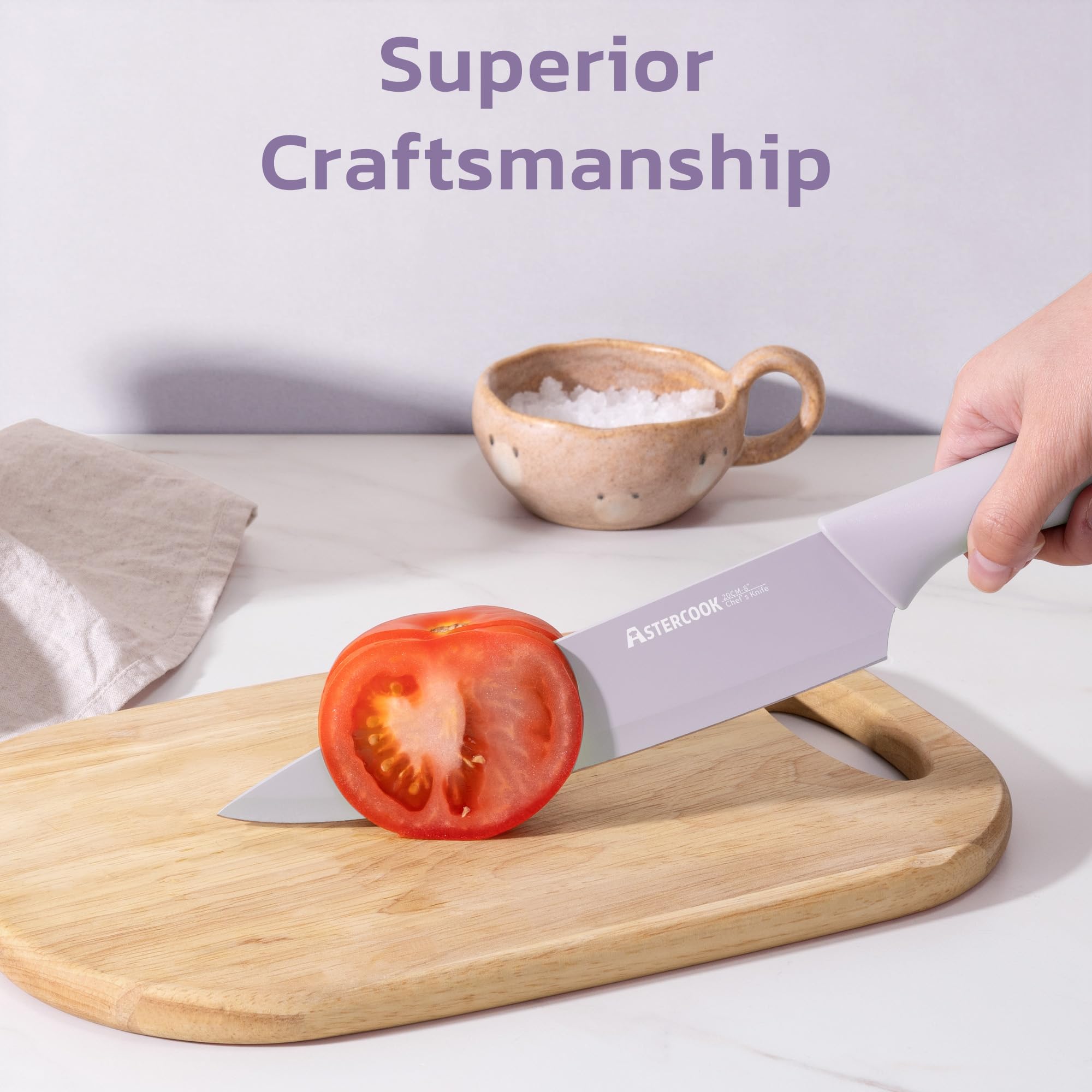 Astercook handle color and grip close-up showing purple finish benefit: comfortable grip