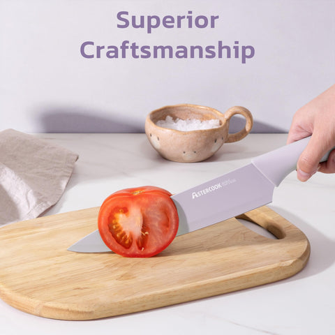 Astercook handle color and grip close-up showing purple finish benefit: comfortable grip
