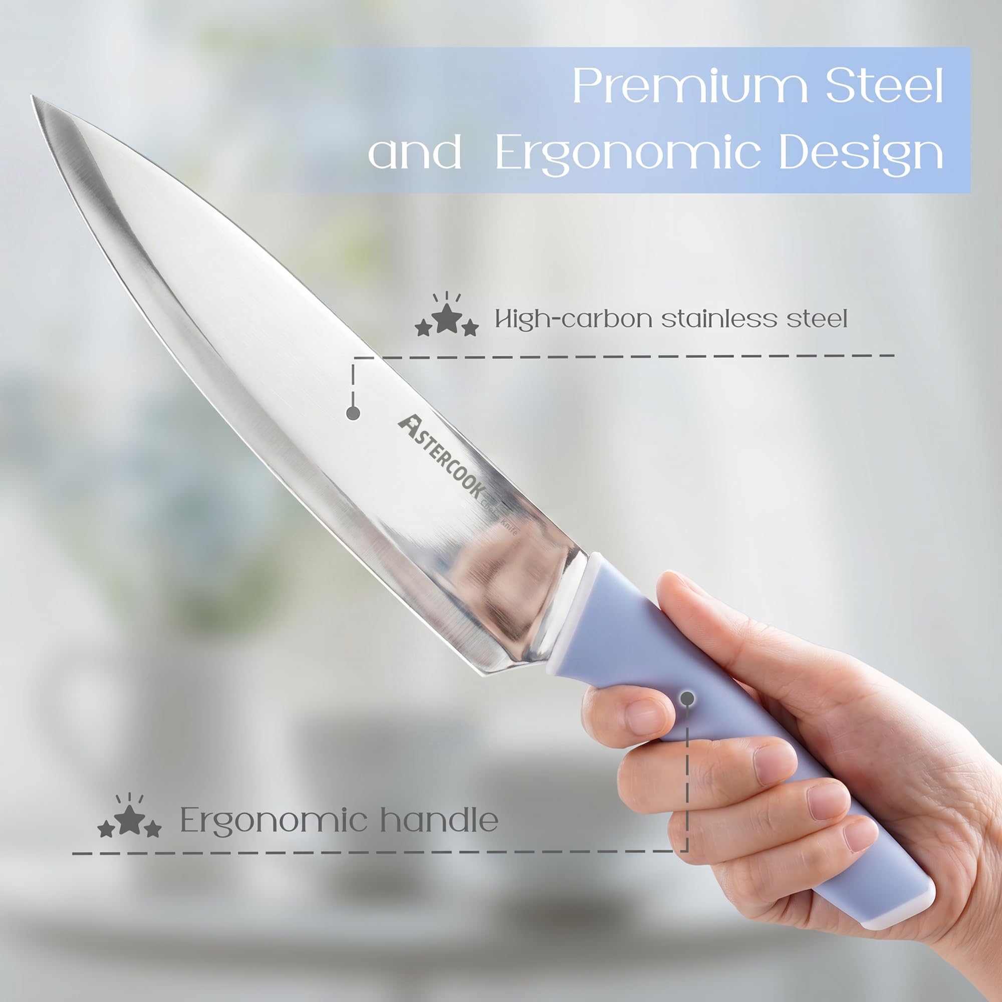 Astercook handle detail showing ergonomic blue grip for reduced hand fatigue benefit