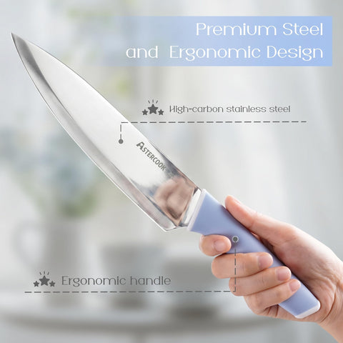 Astercook handle detail showing ergonomic blue grip for reduced hand fatigue benefit
