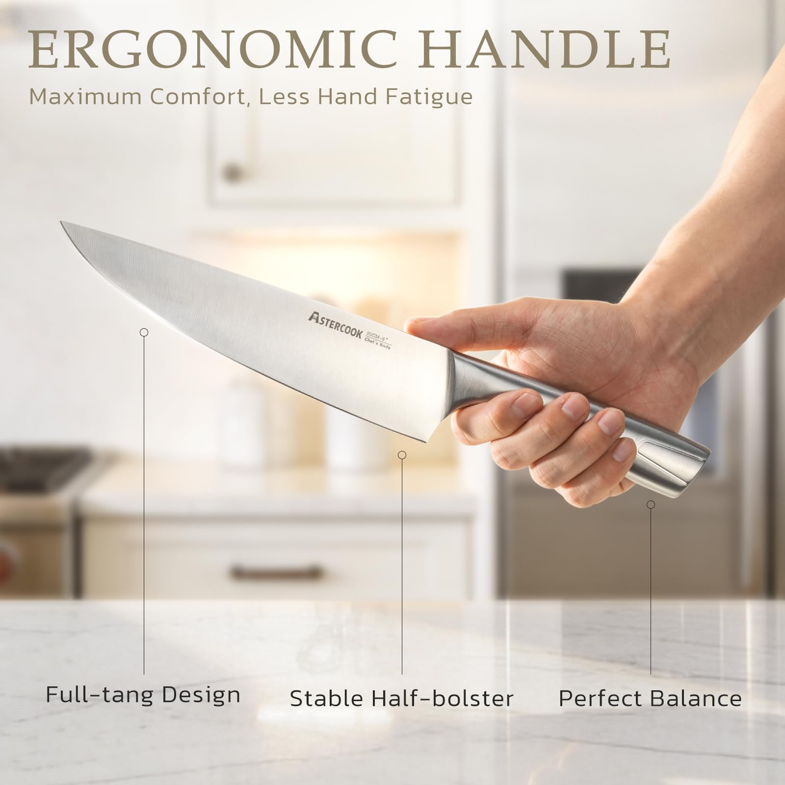 Astercook ergonomic handle detail displaying anti-slip grip for safer control