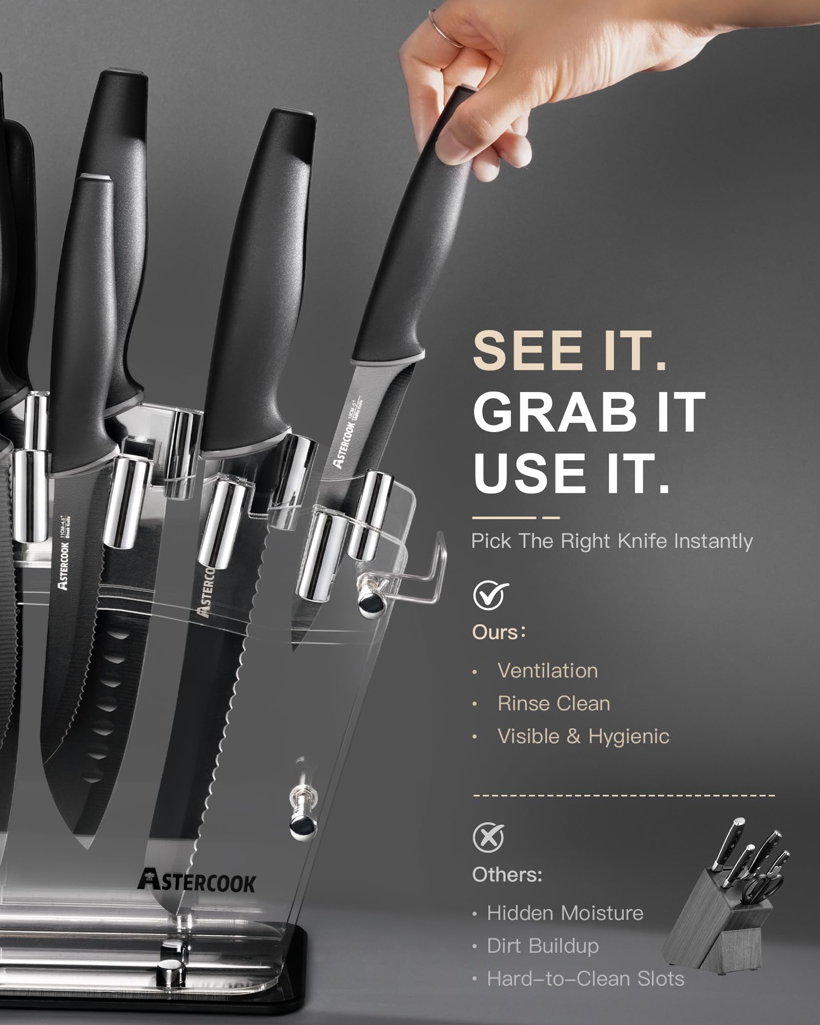Astercook handle ergonomic detail illustrating comfortable grip to reduce fatigue
