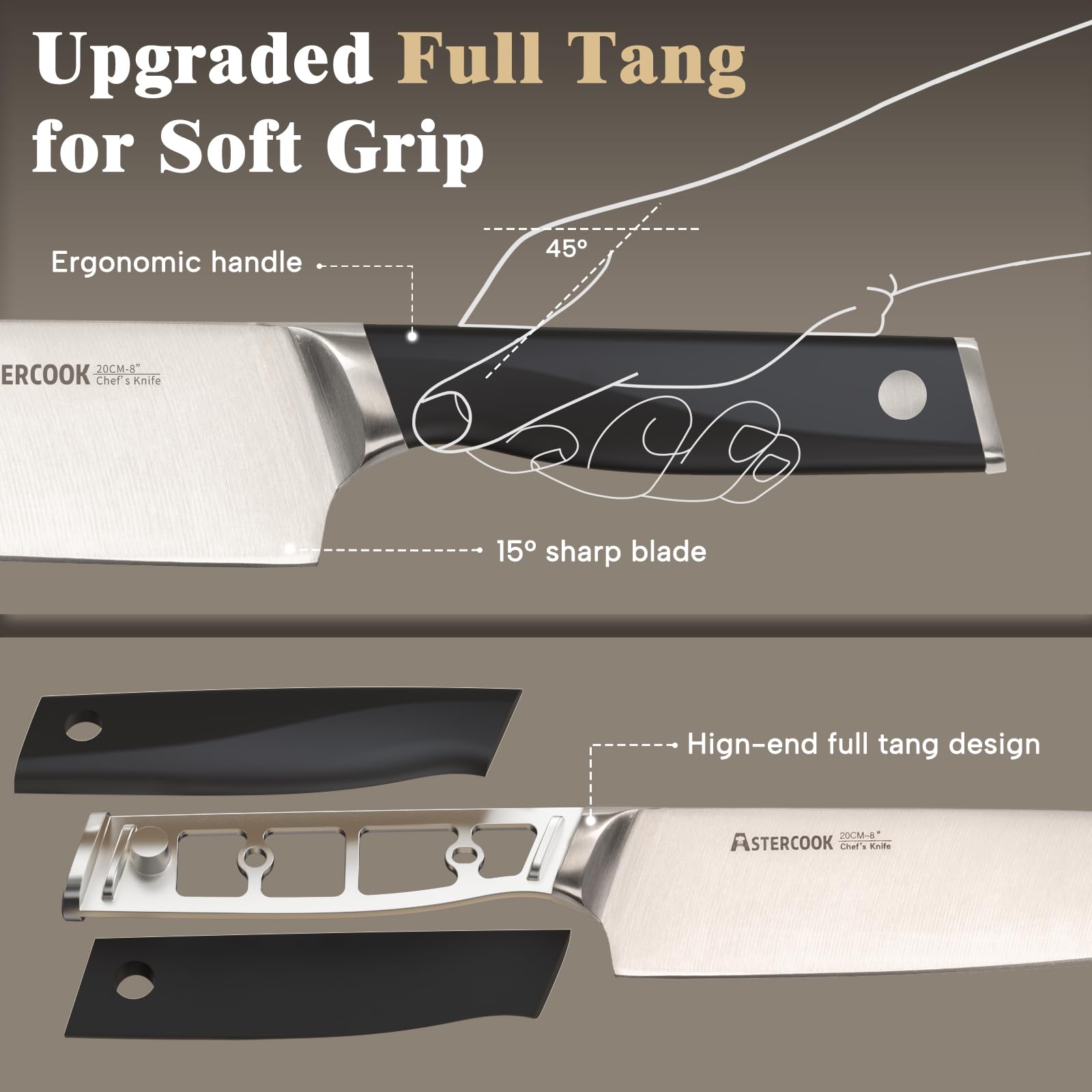 Astercook handle and full-tang detail showing balance and comfortable grip