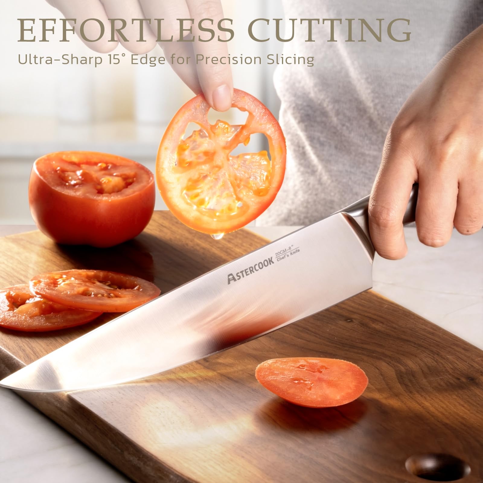 Astercook chef knife in use chopping vegetables demonstrating balanced handling