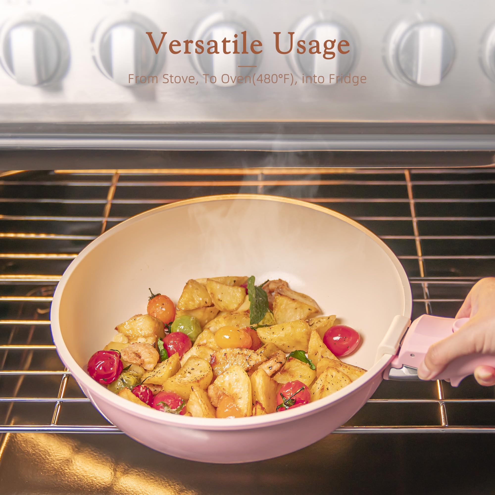 Astercook frying pan on induction cooktop showing fast even heating benefit