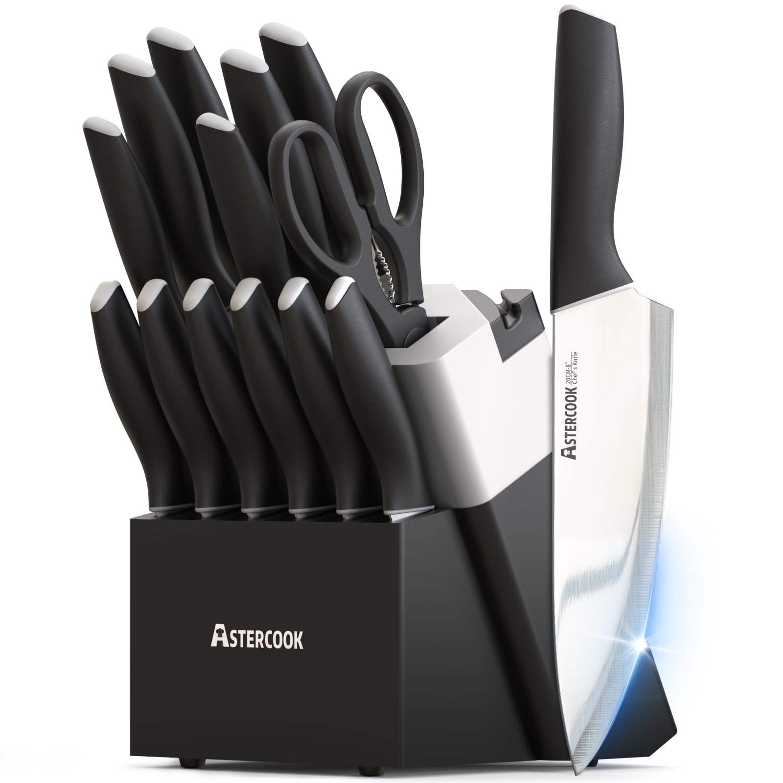 Astercook knife set front view showing block and knives, neat countertop benefit