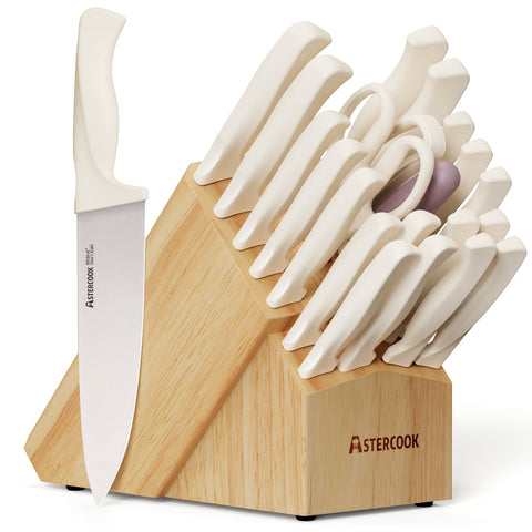Astercook knife set front view with block showcasing organized blades and style benefit