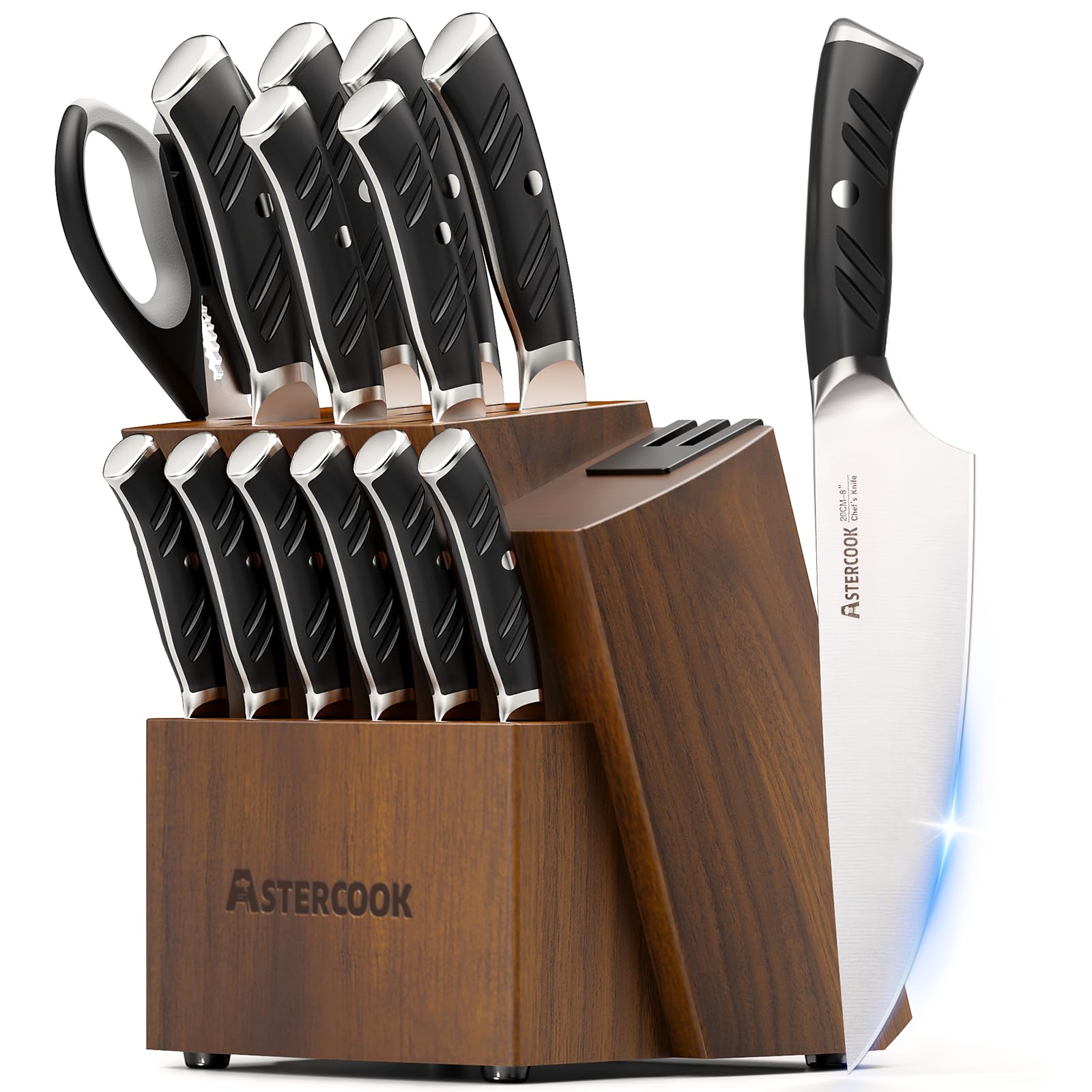 Astercook knife set front view showing block and knives, elegant storage benefit